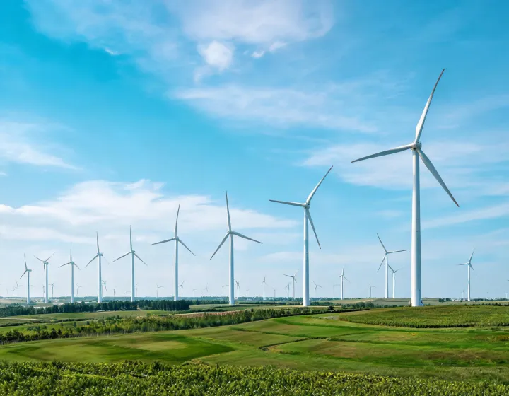 Wind turbines operating across a utility-scale project site